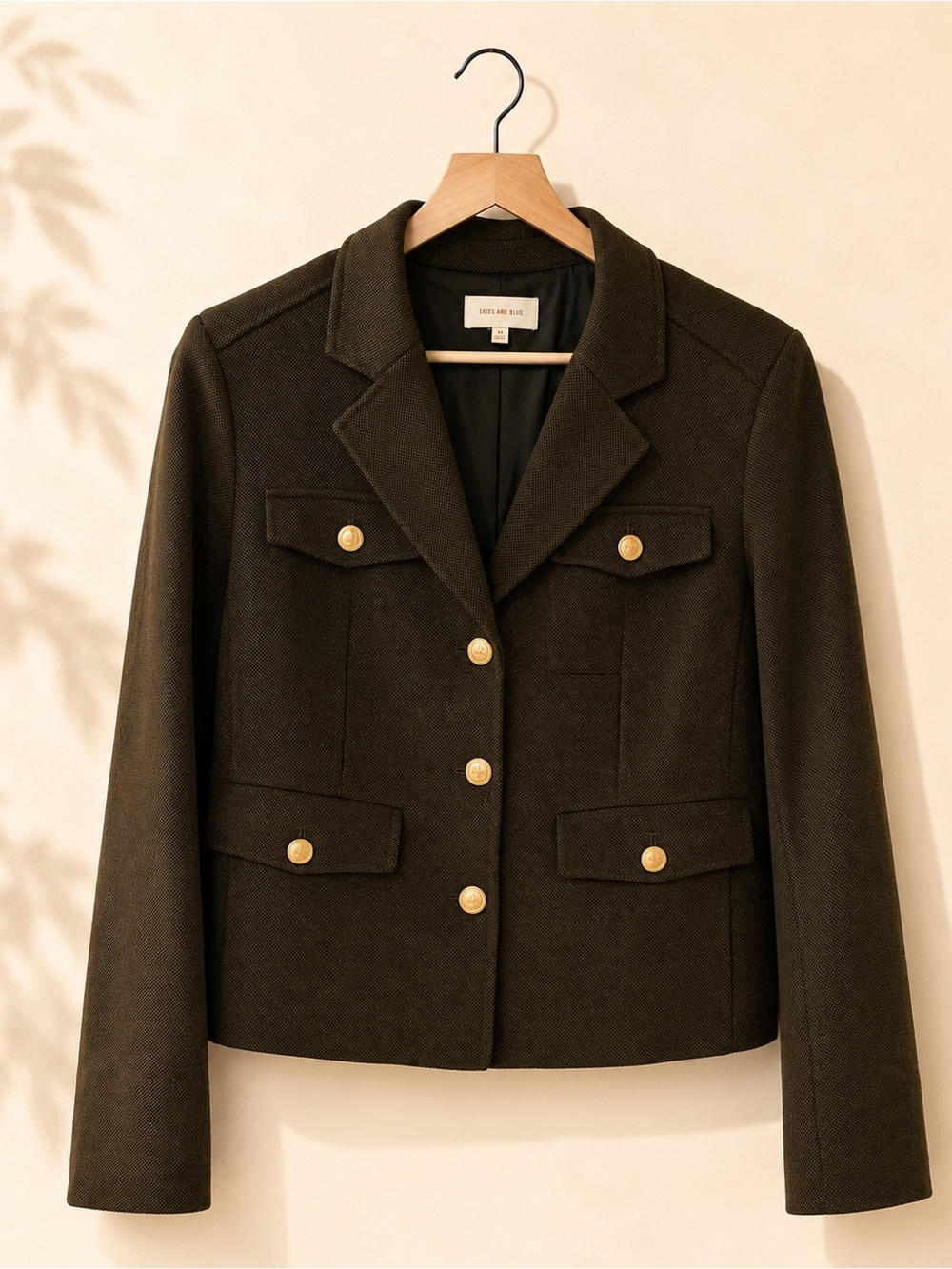 Skies Are Blue Olive Green Military-Style Blazer with Gold Buttons
